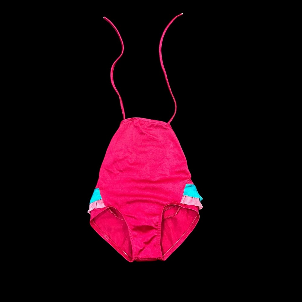 Vtg Pink Ruffle Halter One‎ Piece Swimsuit Girls Size 3T USA RN Sandpiper Shiny